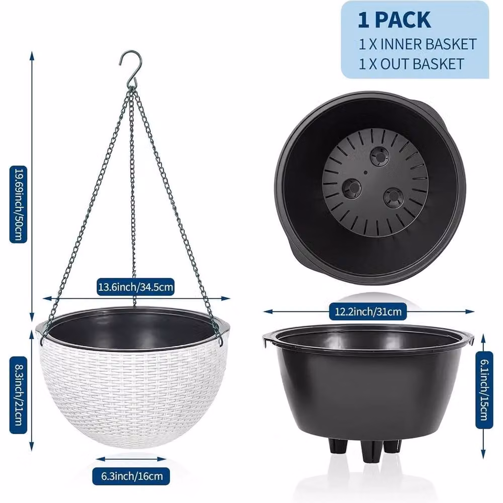 VOGREX White Self-Watering Outdoor Rattan Hanging Planter – 2