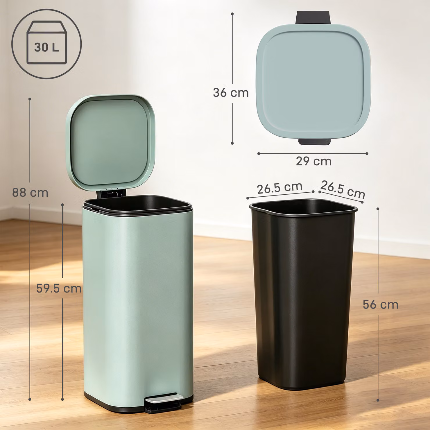 HOMCOM 30L Green Pedal Kitchen Bin with Soft-Close Lid and Removable Inner Bucket – 3