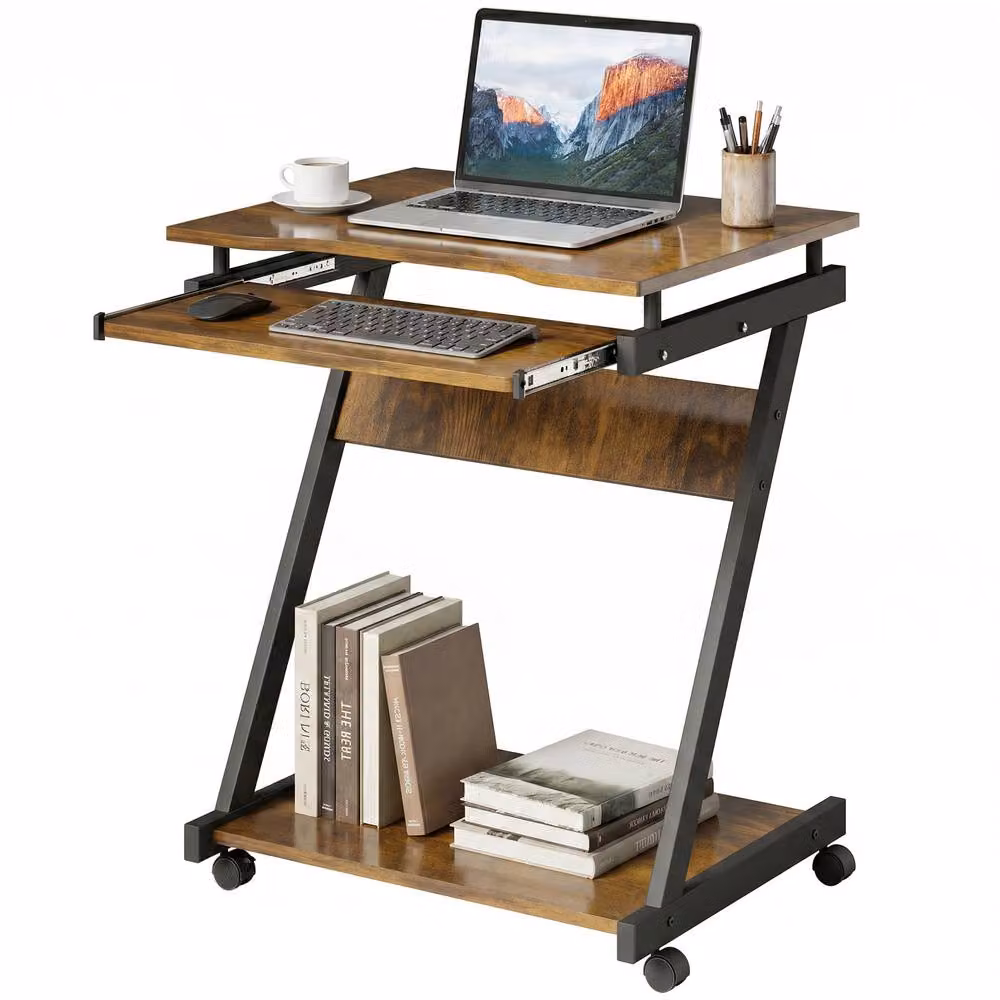 Rolipo Modern Mobile Computer Desk with Keyboard Tray and Castors in Brown – 2