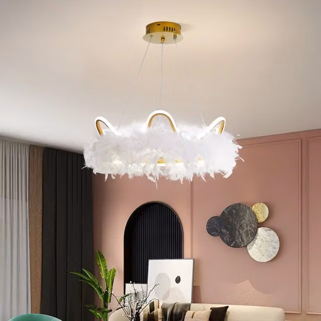 Livingandhome Crown Shaped Feather LED Suspended Pendant Light in White and Gold/Brass