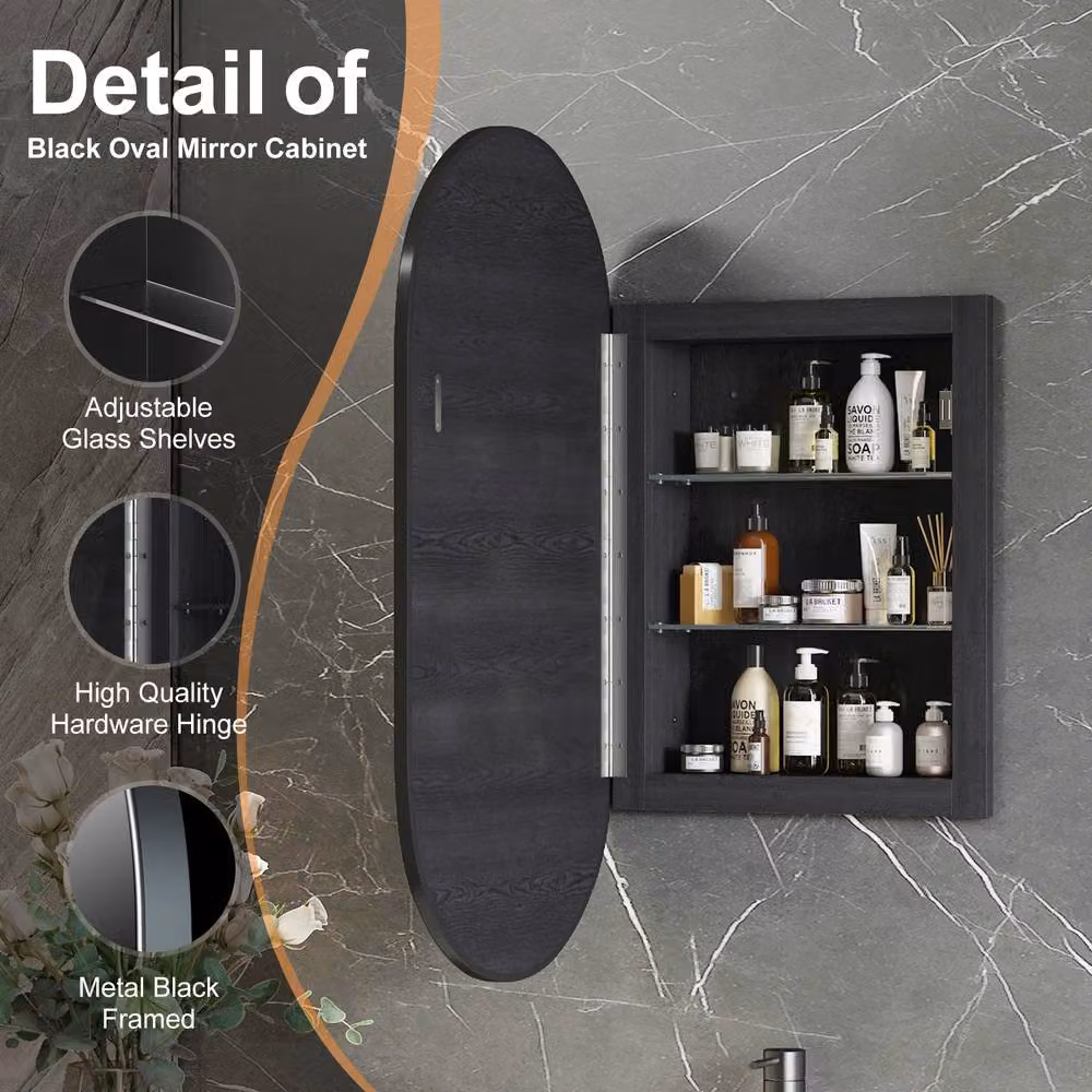 KEEPREAPER Sleek Oval Black Bathroom Mirror Cabinet with Adjustable Internal Shelves, W: 42 cm, H: 80 cm – 2