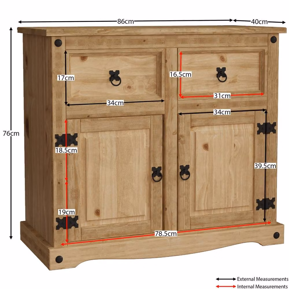 EONLION Rustic Solid Pine 2 Door and 2 Drawer Sideboard Cabinet in Brown, Width: 100 cm – 2