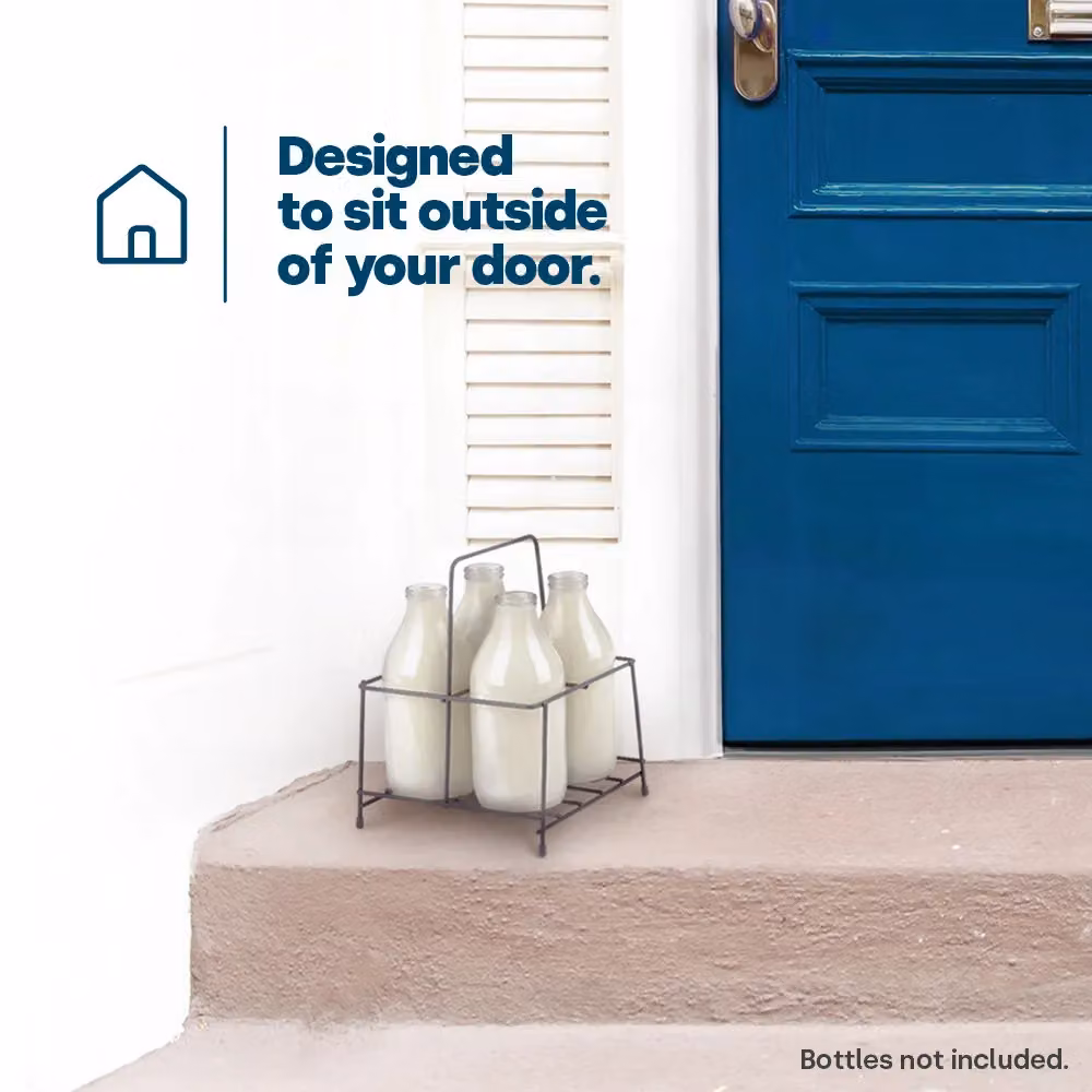 LIVIVO Grey Metal Milk Crate Bottle Holder and Doorstep Carrier for 4 Bottles – 5