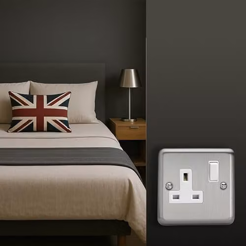 Varilight Classic Matt Chrome 1-Gang 13 Amp Switched Plug Socket with White Insert and Grey Plate – 2