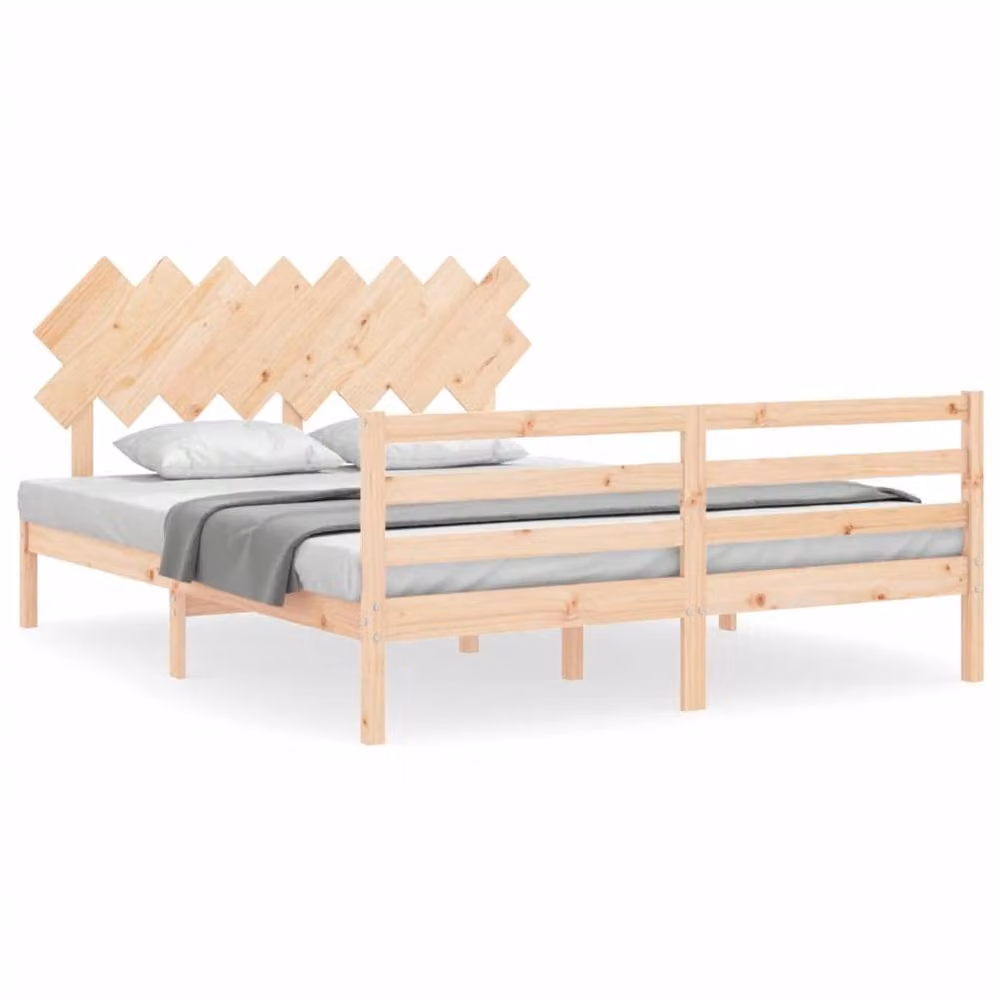 Berkfield Home Beautiful Bed Frame with Headboard in Natural Solid Pine, W/D/H: 160 x 200 x 165.5 cm – 2