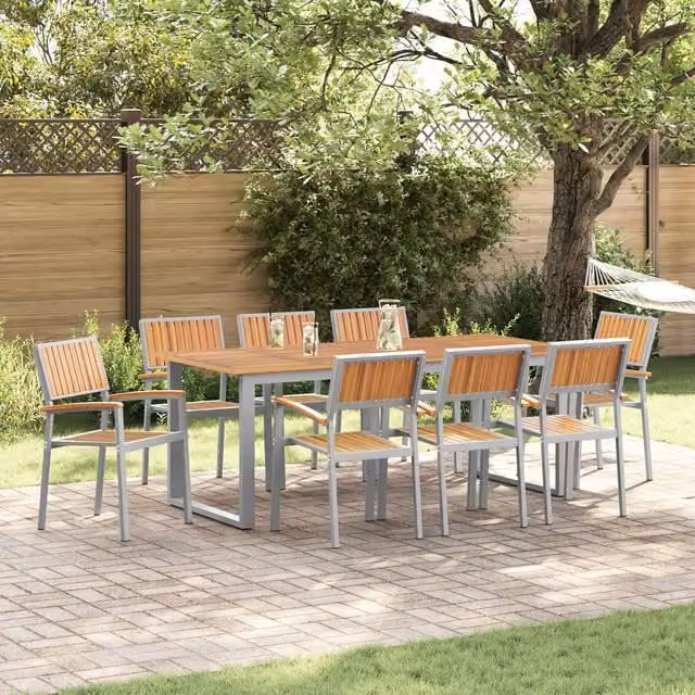Berkfield Home Modern Grey Garden Dining Set with Treated Teak Wood and Metal Frame, 9 Pieces