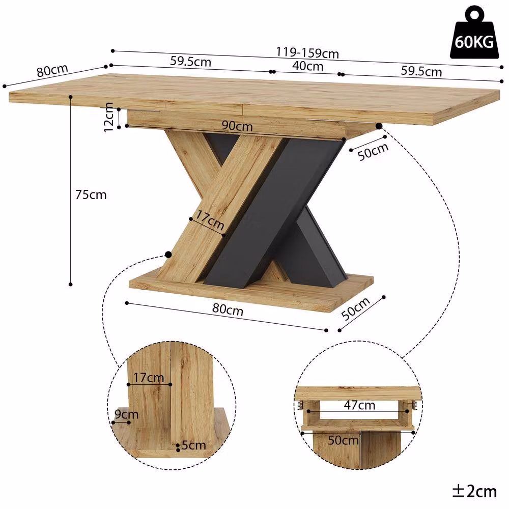 BTM Extendable Rectangular Dining Table with X-Frame Legs in Brown and Sand, W: 119 cm, D: 80 cm, H: 75 cm – 3