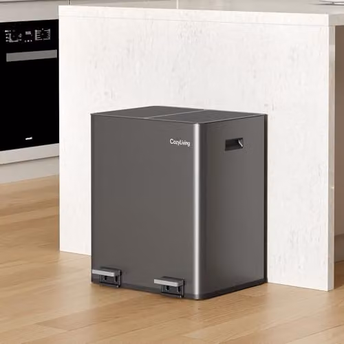 CozyLiving Premium Stainless Steel Dual Compartment Pedal Bin with Soft-Close Lid and Removable Inner Buckets, Dark Grey, 15L+15L – 3