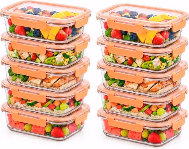 Innoteck Set of 5 Airtight Glass Meal Prep Containers with Silicone Snap Lids, Orange