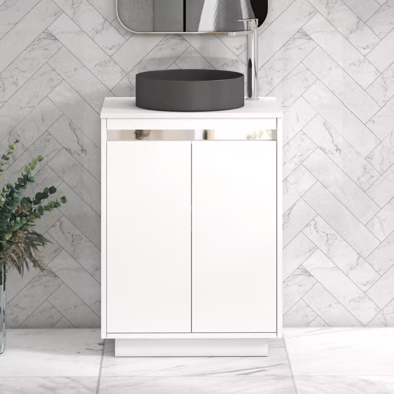 Royal Bathrooms Orion 600mm Matt White Floor Standing 2 Door Vanity Unit with Art Round Basin and Chrome Accent Trim