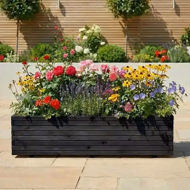 Black Pine Wooden Trough Planter with Feet, Black, W: 180 cm