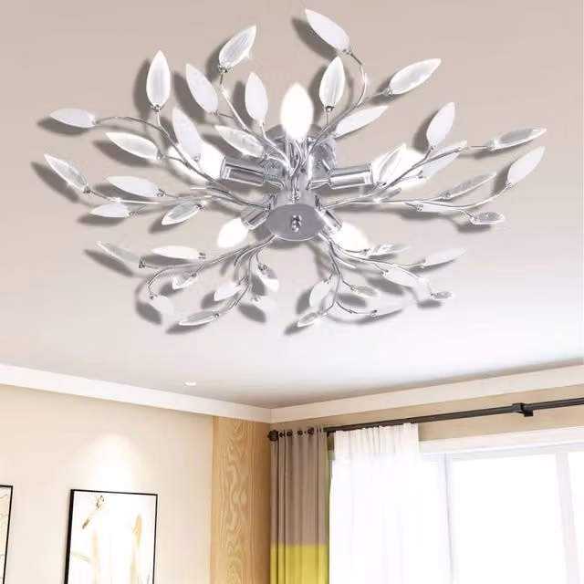 Berkfield Home Modern Ceiling Lamp with Transparent and White Crystal Leaf Arms, Chrome Finish, for 5 x E14 Bulbs