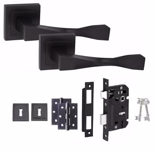 Golden Grace Astrid Straight Door Handles Lock Set in Matt Black Finish – 1