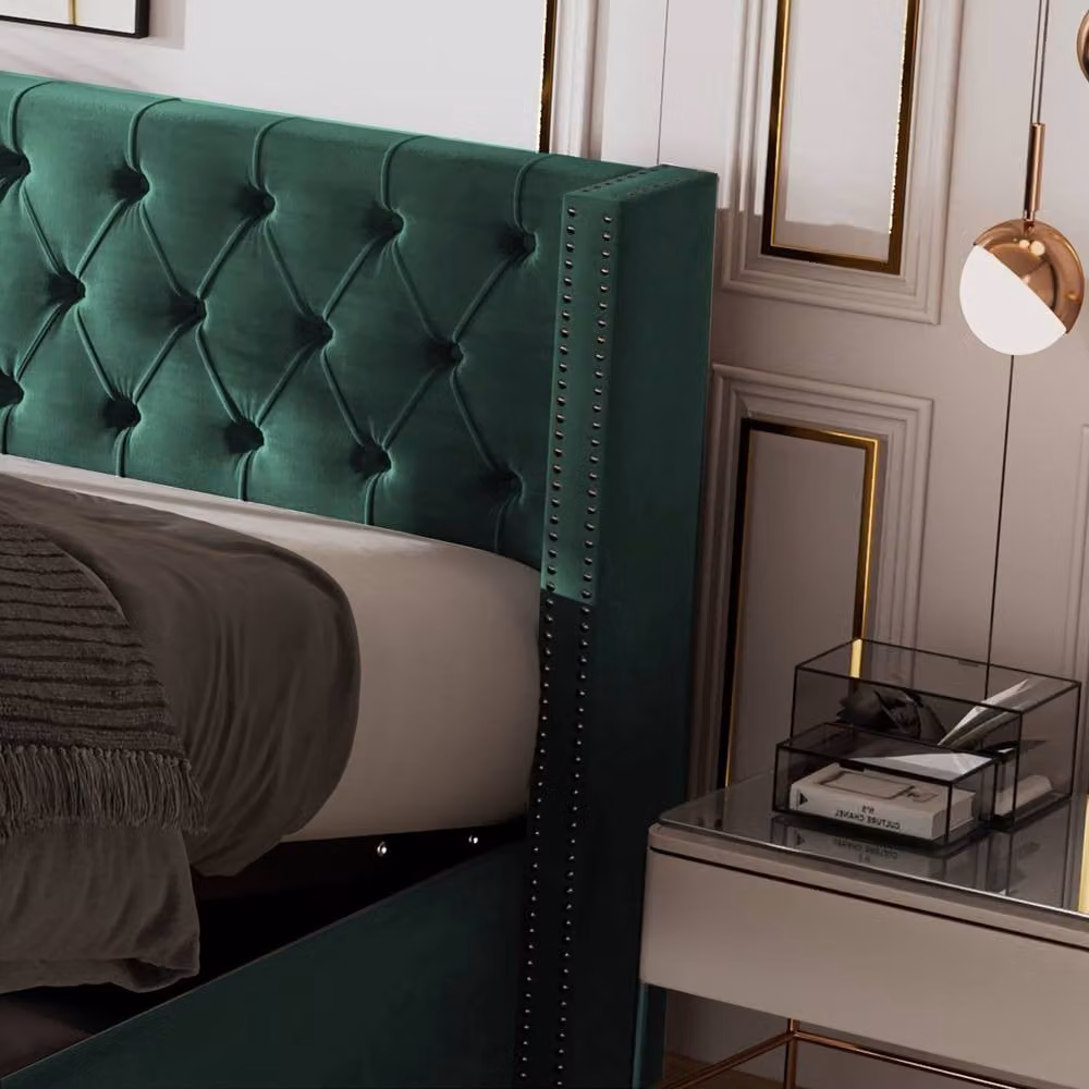 Rolipo Modern Upholstered Velvet Double Bed in Green with Lift Up Base, W/D/H: 140 x 200 cm – 4