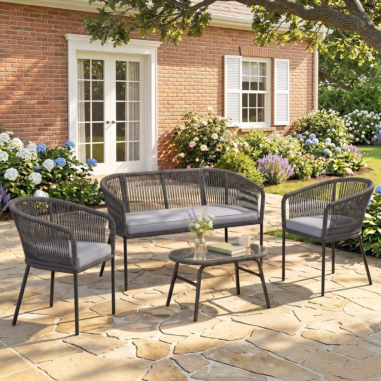 Outsunny 4 Piece Garden Furniture Set in Dark Grey with Rope Sofa, Loveseat, Chairs and Tempered Glass Table – 2