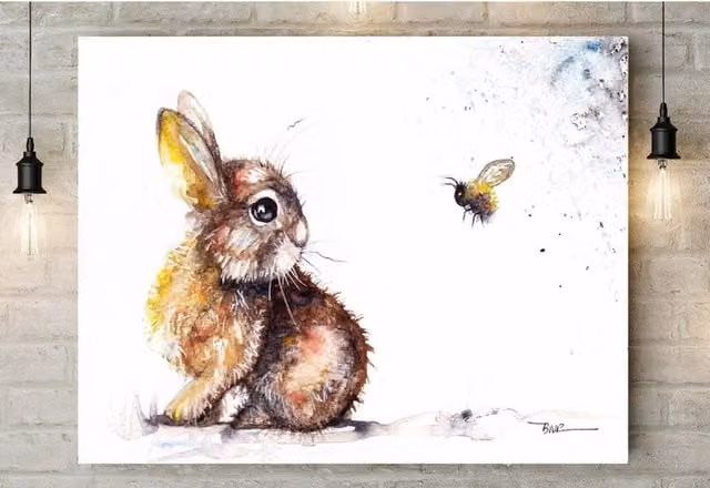 BebesArts Rabbit and Bee Canvas in Brown, W: 30.48 cm, H: 45.72 cm
