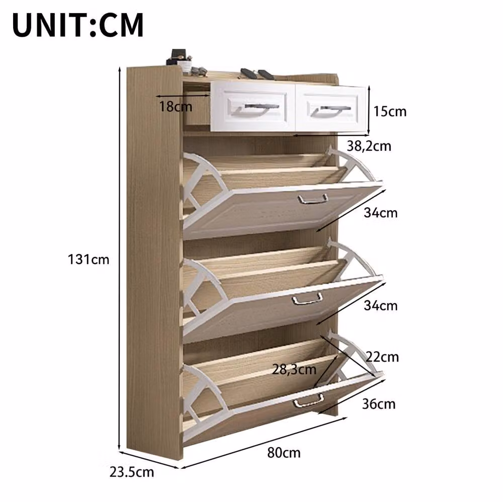 STILVORA Modern Shoe Cabinet in Natural and White with 3 Tilting Compartments and 2 Drawers, W/D/H: 80.0 x 23.5 x 131.0 cm – 3
