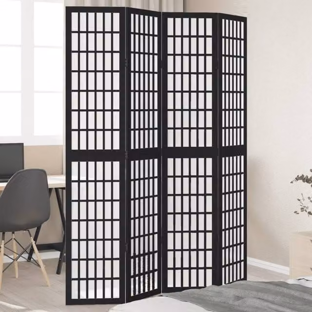 Berkfield Home 4-Panel Room Divider in Black Solid Paulownia Wood – 1