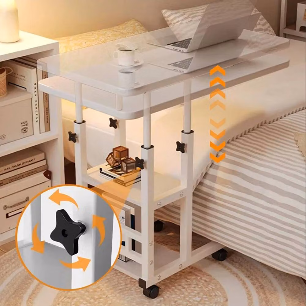 KORVIXA White Height Adjustable Mobile Overbed Table with Folding Top and Castors – 4