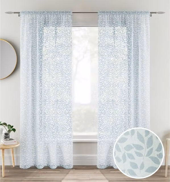 Tyrone Textiles Pair of Sheer Blue Leaf Print Voile Fabric Panels, Height: 183 cm