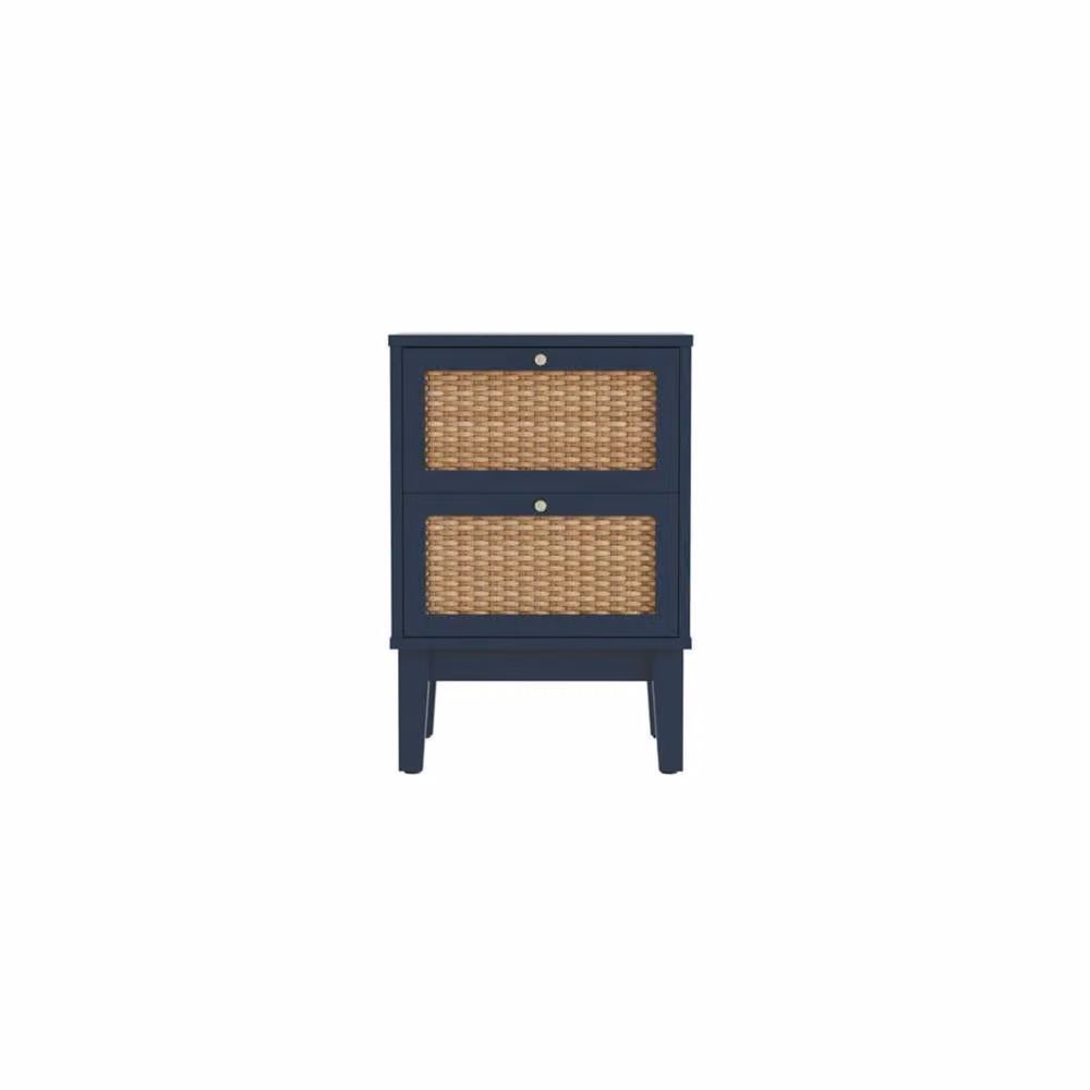 Wyld Haus Waterford Berlin Blue Oak and Rattan 2 Drawer Bedside Cabinet W/D/H: 35 x 40 x 58.6 cm – 2