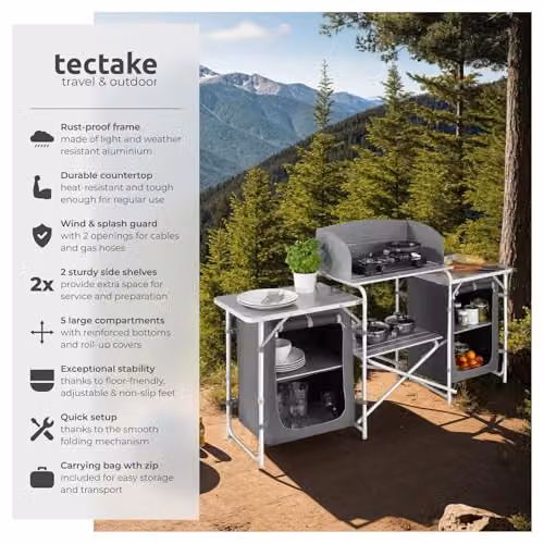 tectake Portable Camping Kitchen in Grey with 5 Internal Shelves, Heat-Resistant Worktop and Aluminium Frame, W/D/H: 104 x 52 x 52 cm – 2