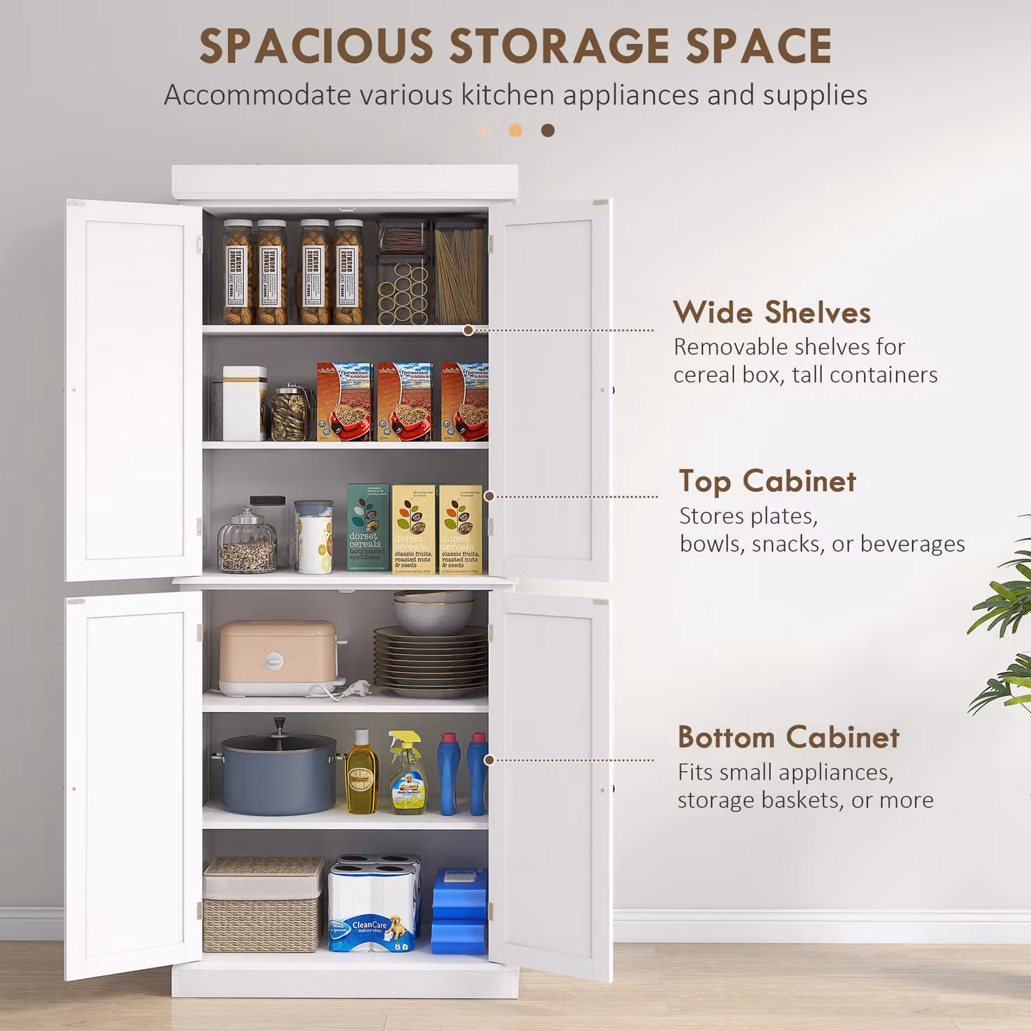 HOMCOM White Tall Kitchen Cupboard with 6 Adjustable Internal Shelves and Hinged Doors – 3