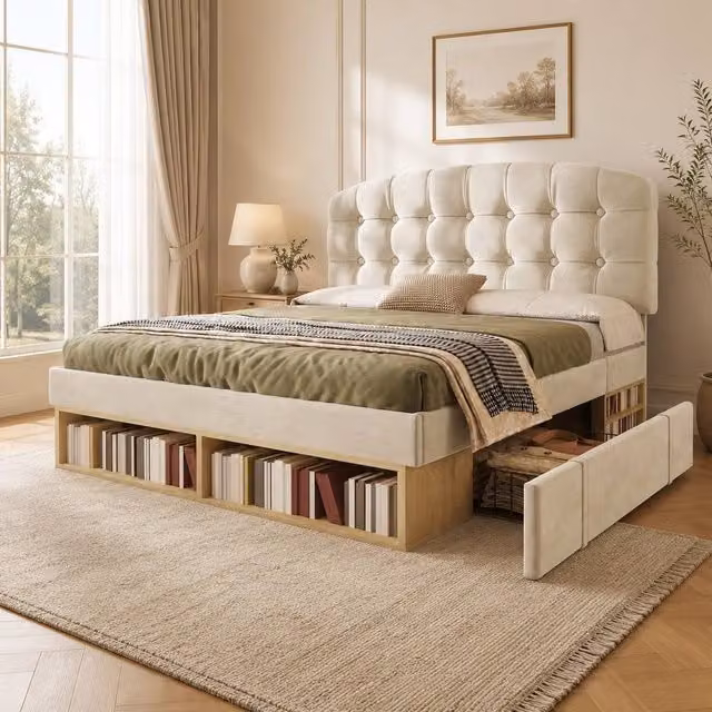 STILVORA Modern Upholstered Double Bed Frame with Storage Drawers in Beige Velvet Fabric, W/D/H: 140 x 200 cm – 1