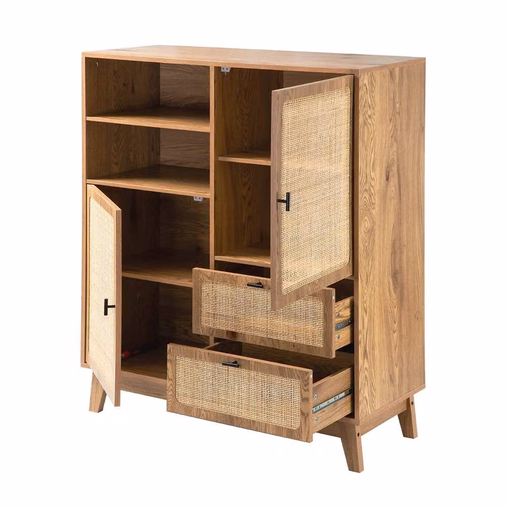 CALICOSY Tall Sideboard with 2 Doors, 2 Drawers and Rattan Fronts in Light Brown, H: 120 cm – 2