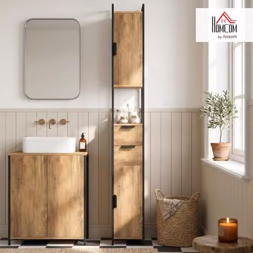HOMCOM Industrial Freestanding Bathroom Cabinet with Soft-Close Doors, Internal Drawers and Shelves, Brown and Black, H 180 x W 25 x D 25 cm – 2
