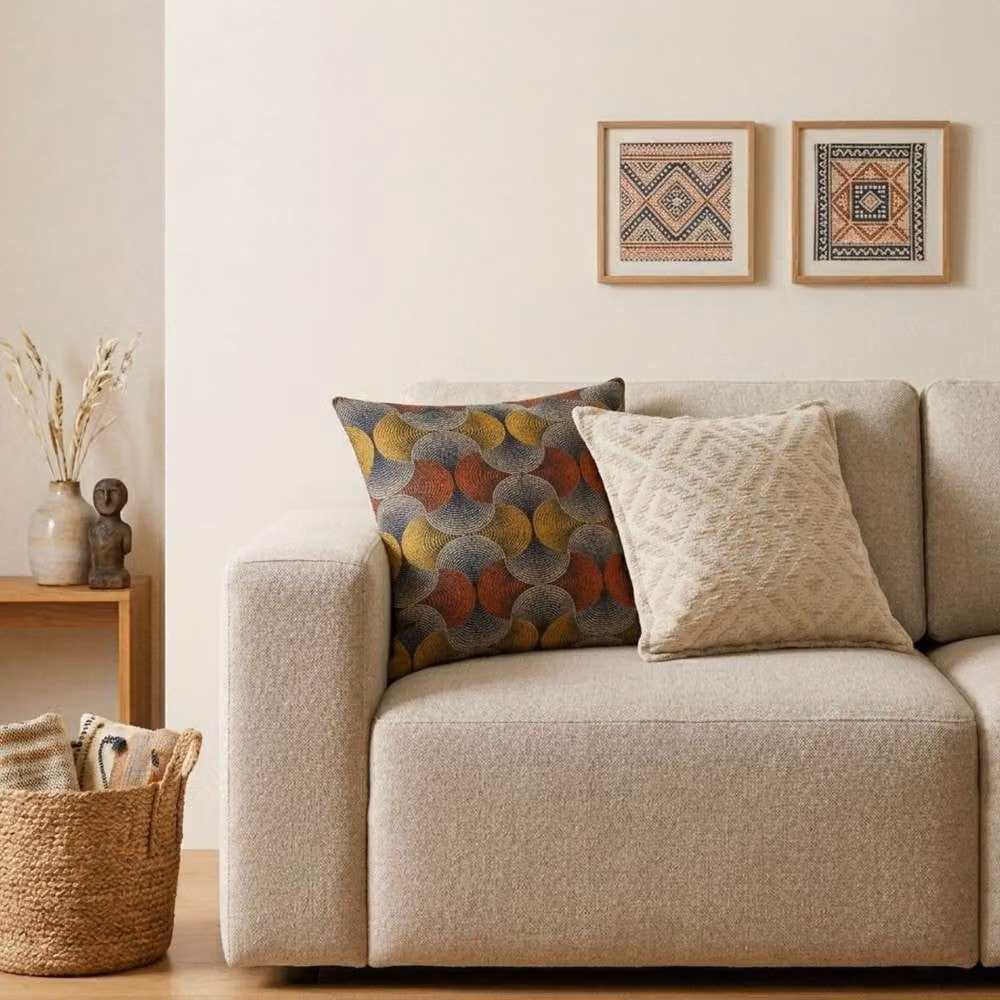 Serenityy Classic Woven Cotton Geometric Swirl Cushion Cover in Brown, Mustard, Rust and Grey, W/D/H: 45 x 45 x 45 cm – 3