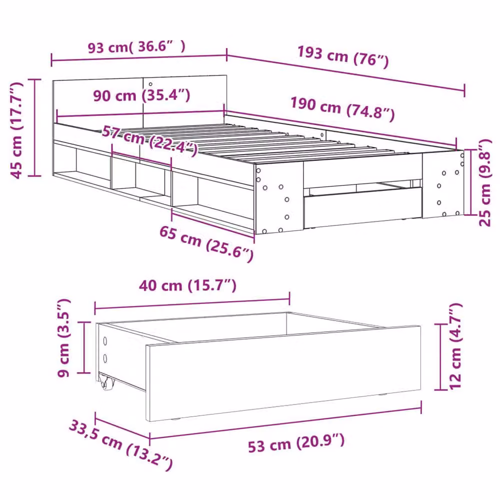 Berkfield Home Single Bed Frame with Drawer, Concrete Grey, W: 90 cm, L: 190 cm – 2