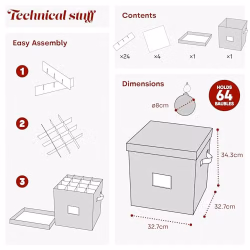 Christmas Village Collapsible Bauble Storage Bag in Grey and Red, 600D Fabric Premium 4-Layer Festive Ball Holder with Separator and Handles, W/D/H: 36.1 x 32.7 x 32.7 cm – 7