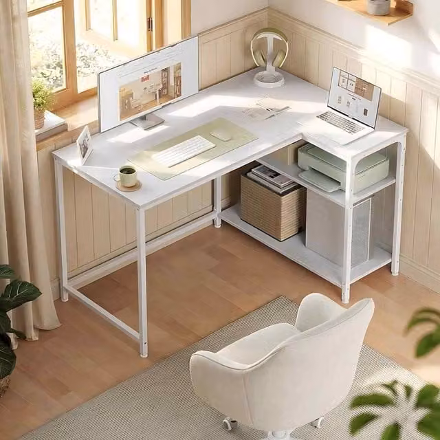 The Bazaarist L-Shaped Corner Office Desk with Storage Shelves in White – 1