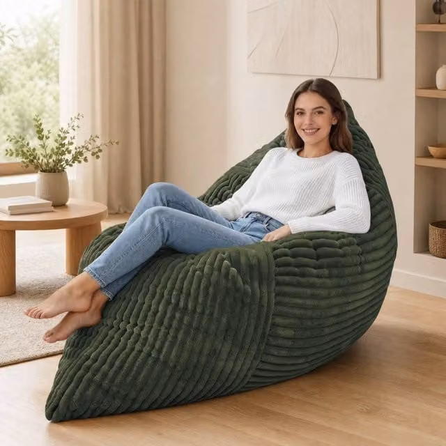 STILVORA 3-in-1 Green Bean Bag Chair with Shredded Memory Foam and Removable Fabric Cover