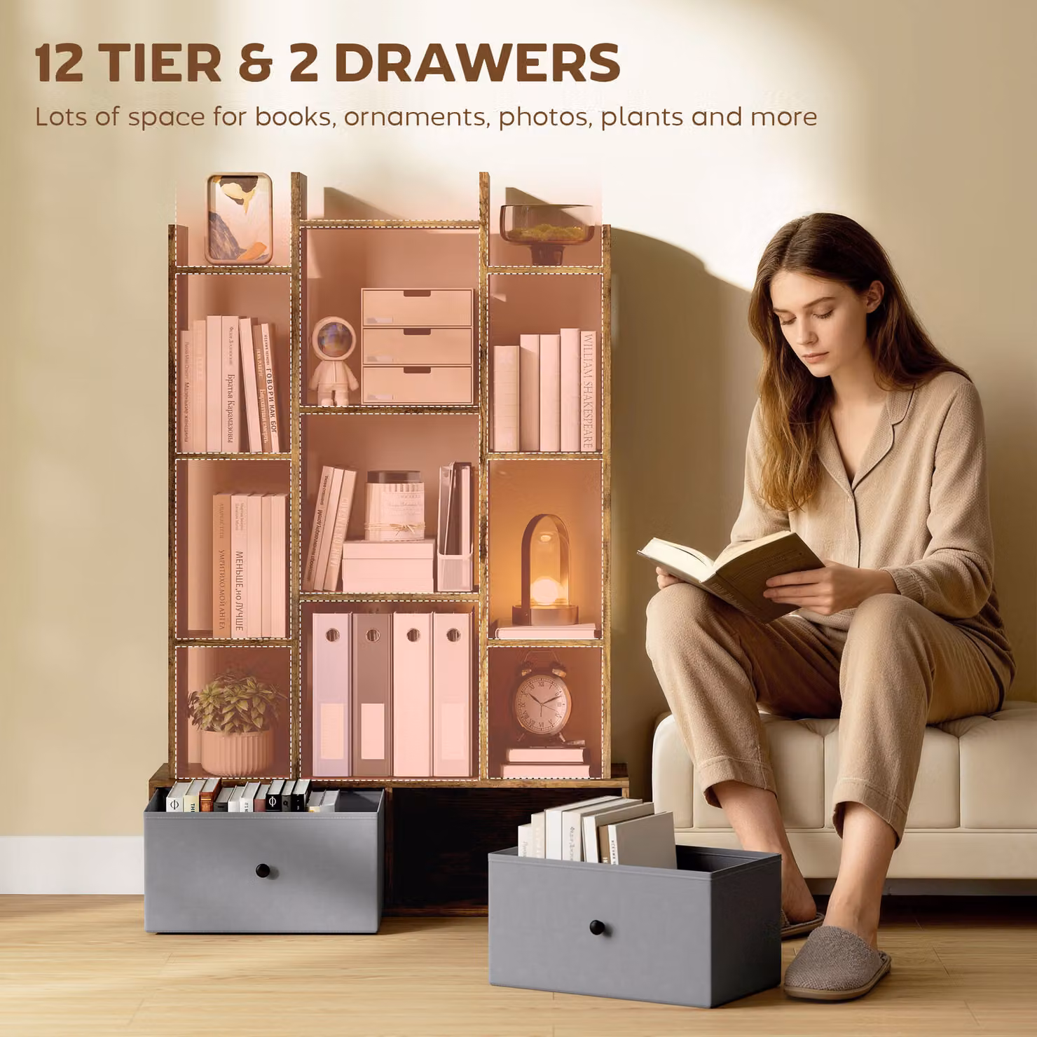 HOMCOM 12 Shelf Storage Unit with Drawers in Brown – 3