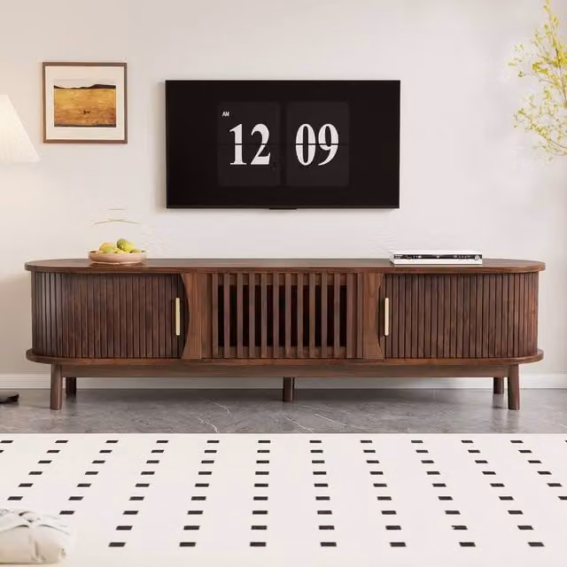 Rolipo Oval Dark Wood Slatted TV Stand for 65 Inch TVs with Storage in Dark Brown – 1