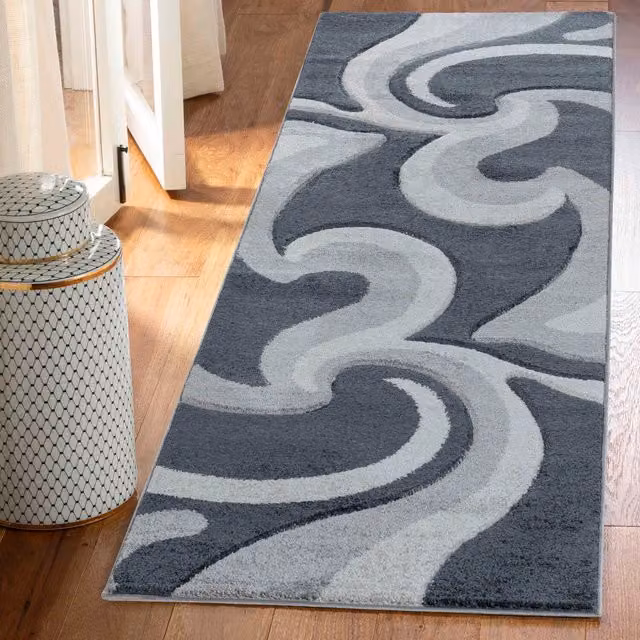 Desire Rugs Valencia Modern Abstract Carved Runner Rug in Black and Grey, W: 60 cm, L: 220 cm