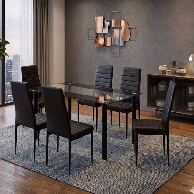 KOSY KOALA Modern Dining Set with Rectangular Clear Glass Table and 6 Black Faux Leather Chairs
