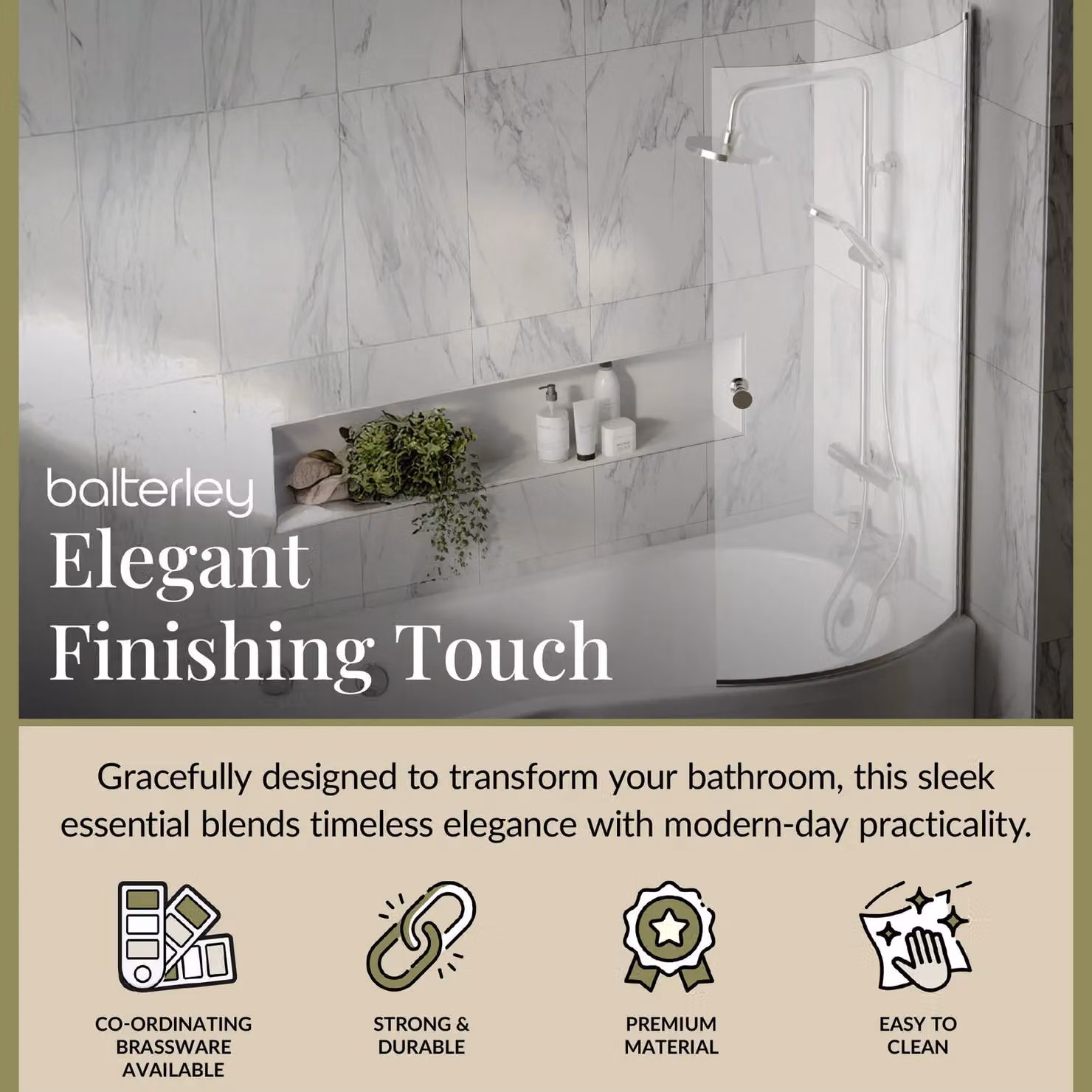 Balterley Reversible Asymmetric P Bath Screen with Silver Knob, 6mm Toughened Safety Glass, W: 70.0 cm, H: 143.3 cm – 2