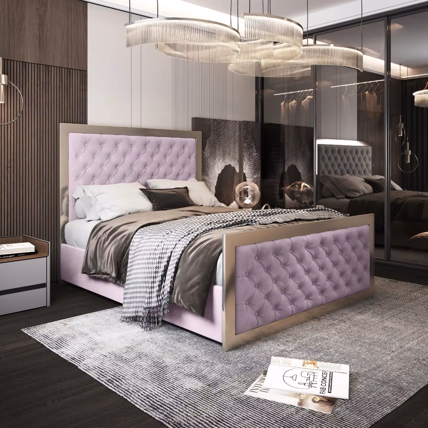 KDMD Emia Upholstered Soft Velvet Metal Designer Bed Frame in Pink, W/D/H: 140 x 200 cm – 2