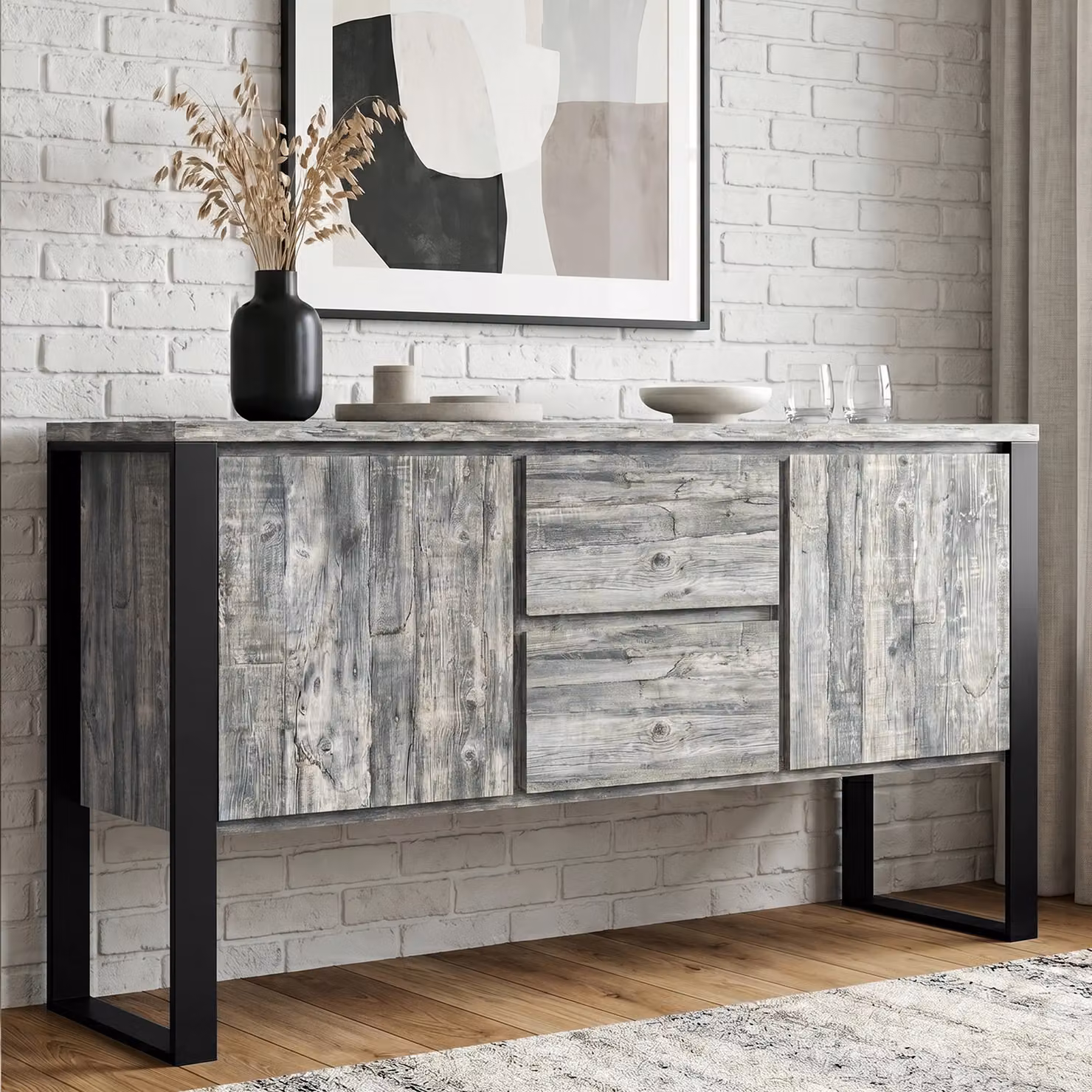 Millwright Grey and Black Industrial 2 Door Sideboard with 2 Drawers W: 150 cm, H: 80 cm, D: 40 cm