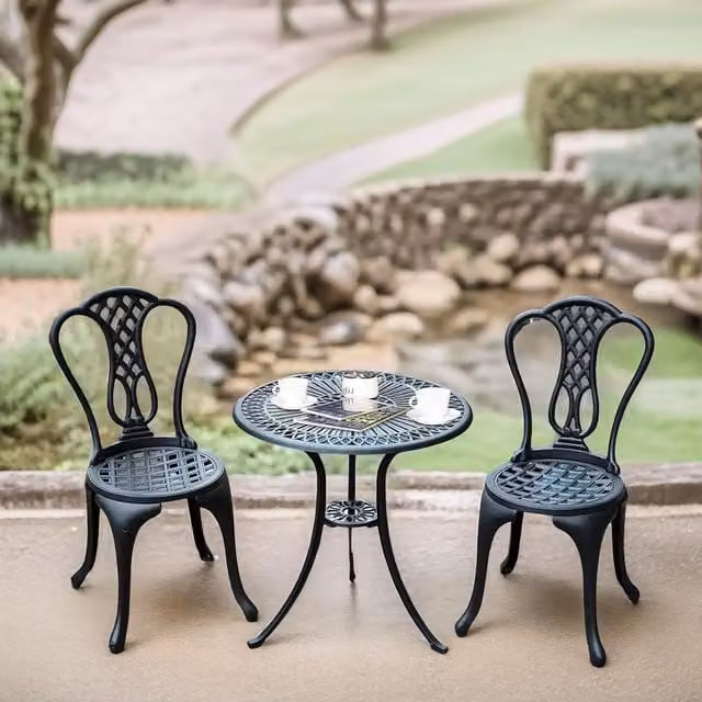 FURNOS Set of 3 Black Cast Aluminium Vintage Bistro Table and Chairs for Garden or Balcony