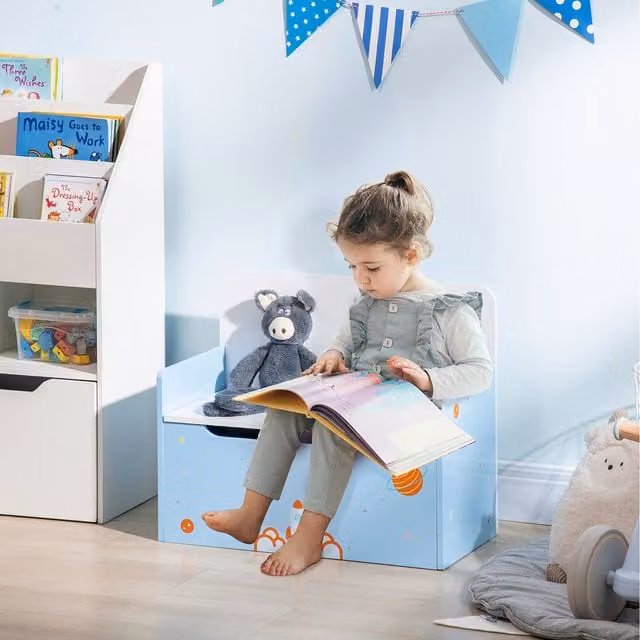 ZONEKIZ Blue Kids Toy Box and Storage Bench with Safety Rod