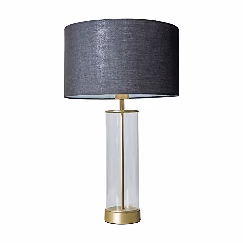 ValueLights Balan Modern Table Lamp with Glass Tube, Matt Gold and Black Fabric Drum Shade, Includes Warm White LED Bulb