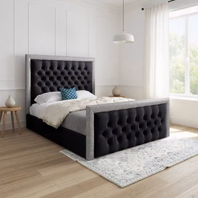 Casani Thornton Black Soft Velvet Upholstered Designer Bed Frame W/D/H: 140 x 200 x 137 cm – 1