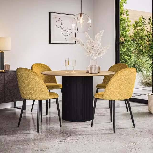 More4Homes Arlo Oak Round Dining Table with Black Legs and 6 Raye Mustard Velvet Dining Chairs Set – 1