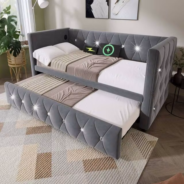 BTM Grey Velvet 3FT Daybed with Trundle and USB/Type-C Charging Ports, W/D/H: 90 x 190 x 76 cm – 1