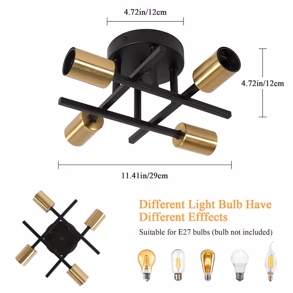 Pheashine Black and Gold 4-Light Industrial Metal Ceiling Light with E27 Base, Diameter: 28 cm – 3
