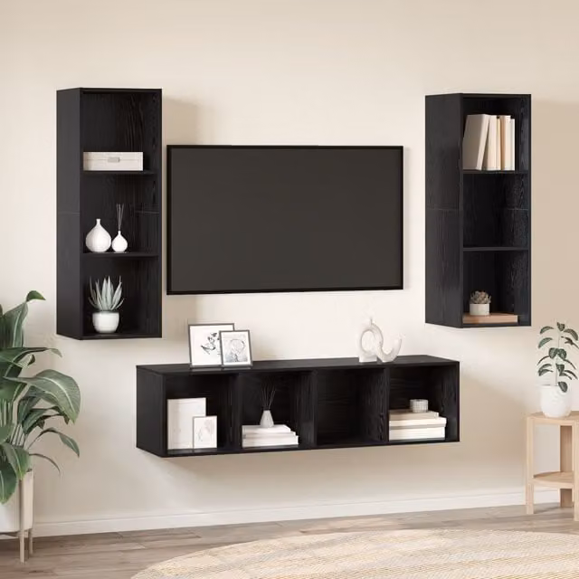Berkfield Home 3-Piece Wall-Mounted TV Cabinet Set with Shelf in Black Oak, W/D/H: 37 x 37 x 142.5 cm – 1